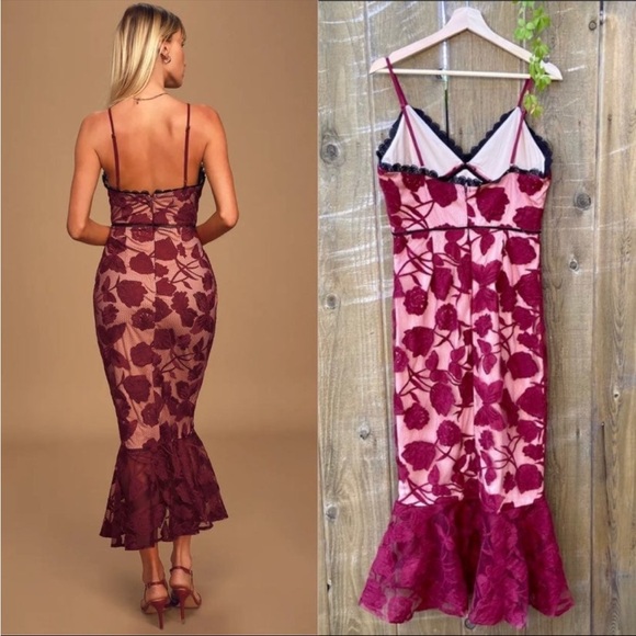 🌿 Burgundy Floral Mesh Lace Trumpet Midi Dress 🌿 - Picture 3 of 12